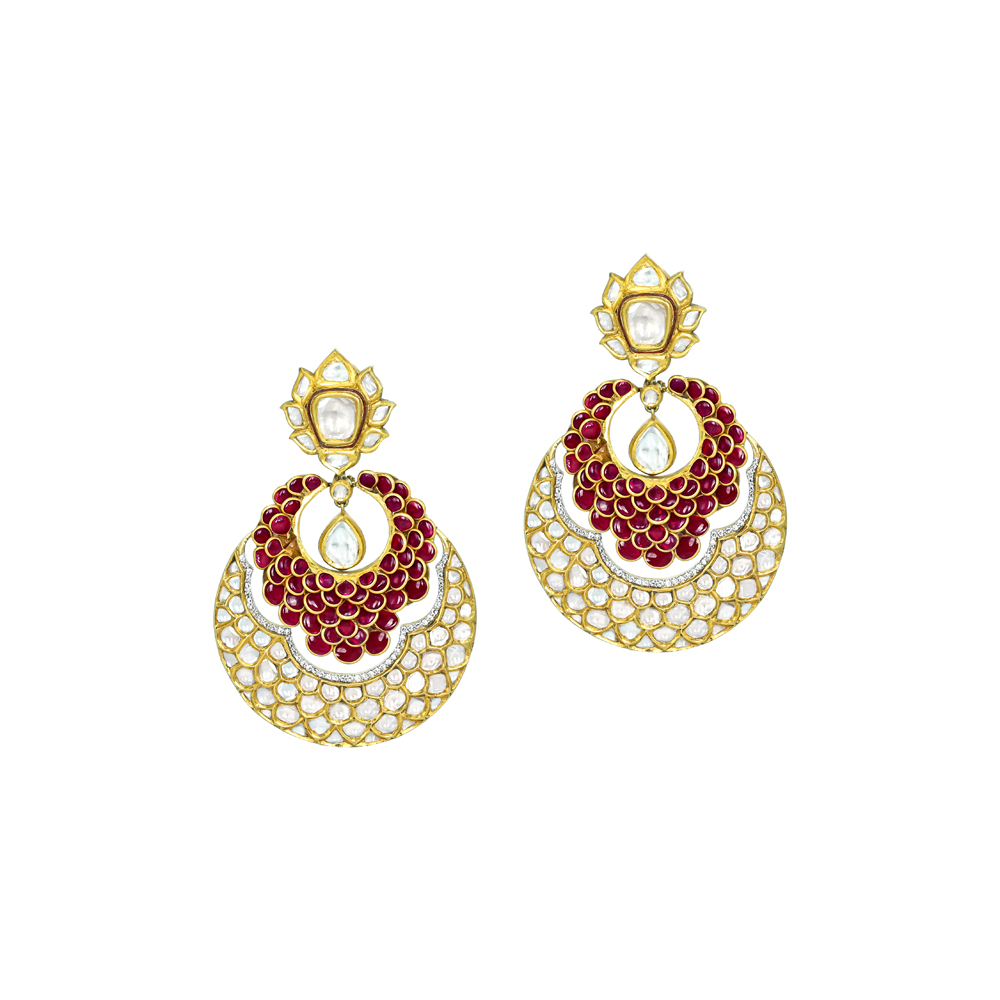 Red Stone Pachi Chandbali Earrings with Polkis